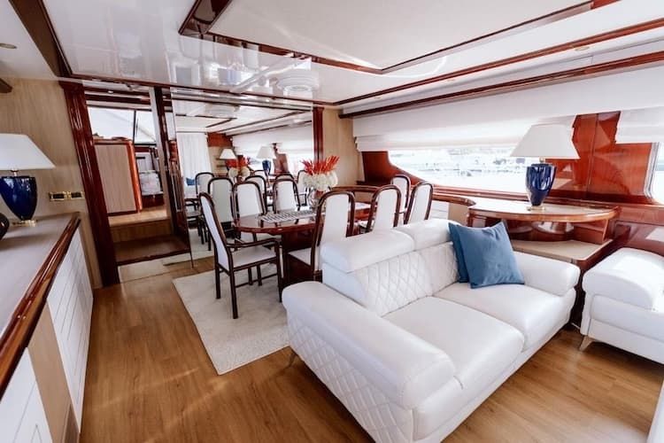 luxury yacht interior, crewed yacht charter Cyclades, motor yacht